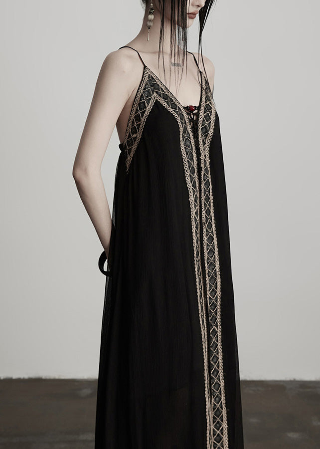 Spaghetti Strap Lace-Up V-Neck Geometric Lace Panel Maxi Dress