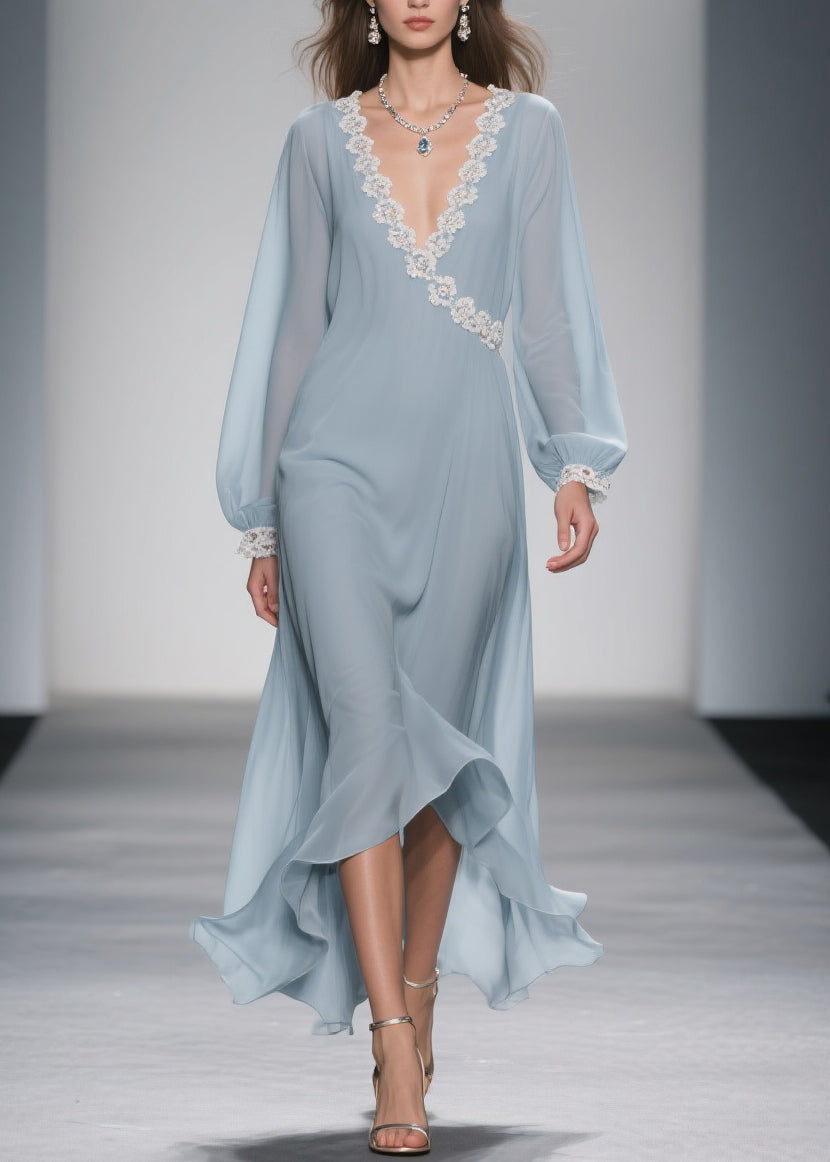 Wrap V-Neck Lace Trim Balloon Sleeve High-Low Ruffle Hem Chiffon Maxi Dress 5