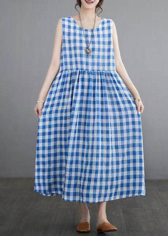 Sleeveless Round Neck Gingham Gathered Waist Maxi Dress