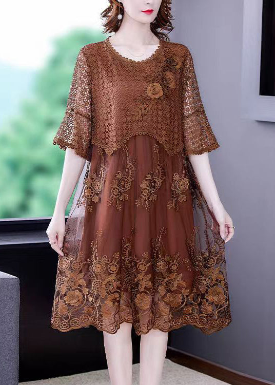 Round Neck Embroidered Lace Half Sleeve Vacation Midi Dress 2