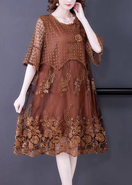 Round Neck Embroidered Lace Half Sleeve Vacation Midi Dress 4