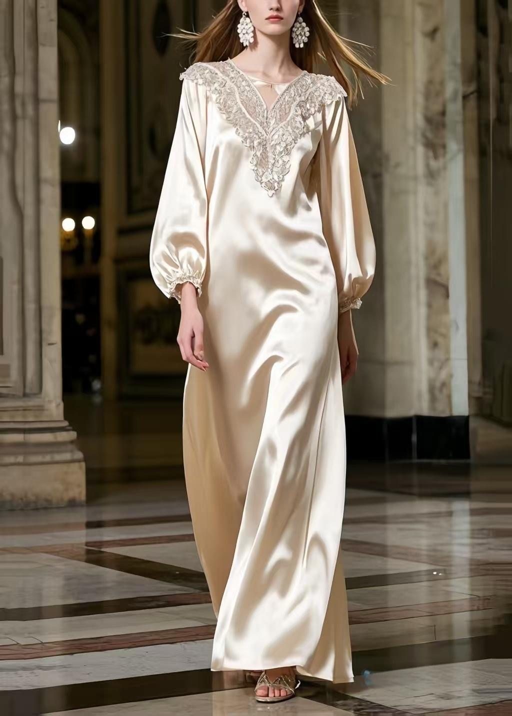 Deep V-Neck Lace Embroidery Lantern Sleeve Satin Floor-Length Gown