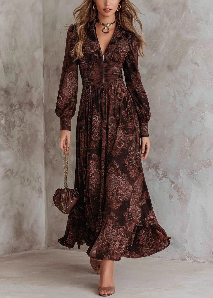 Pointed Collar Zip Front Puff Sleeve Paisley Print Maxi Dress
