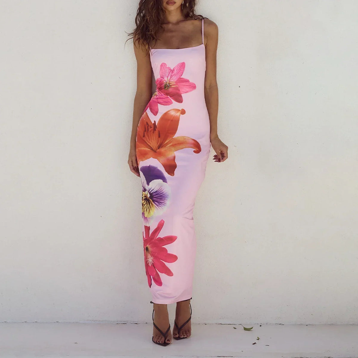 Floral Scoop Neck Spaghetti Strap Bodycon Maxi Dress