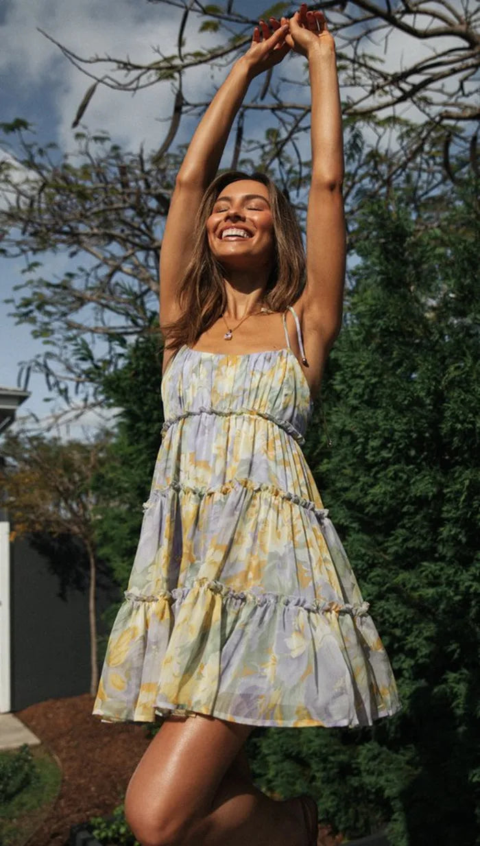 Sleeveless Square Neck Lace Up Side Tiered Ruffle Floral Babydoll Mini Dress 6