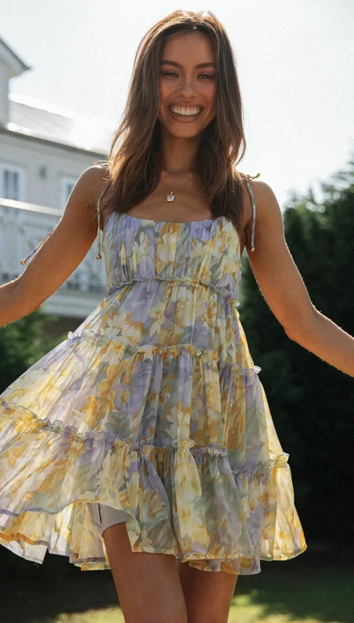 Sleeveless Square Neck Lace Up Side Tiered Ruffle Floral Babydoll Mini Dress 5