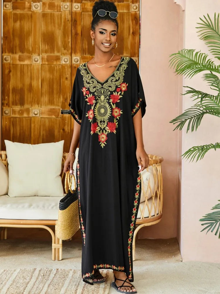 Floral Embroidered V-Neck Short Sleeve Kaftan Maxi Dress