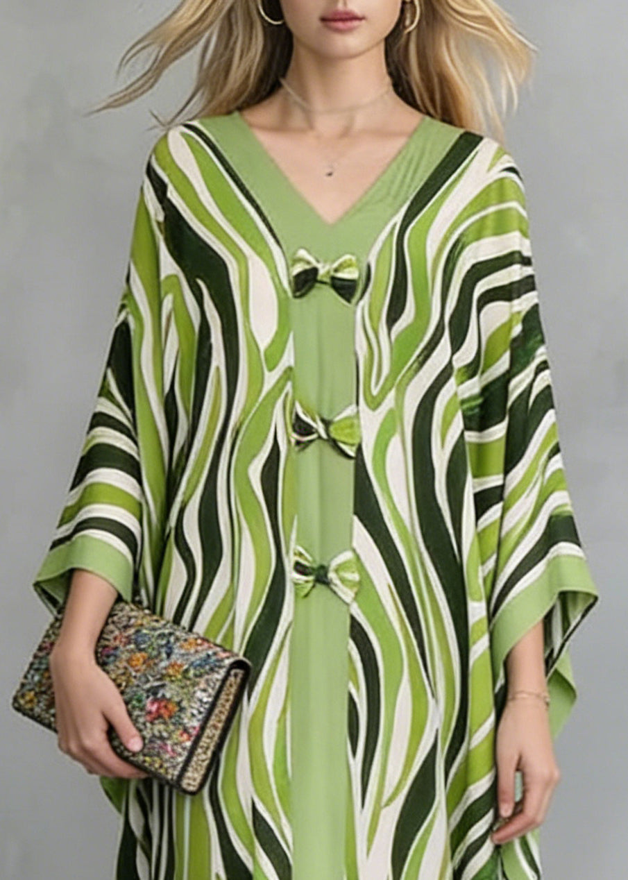Deep V-Neck Front Bow Knot Zebra Print Wide Sleeve Kaftan Maxi Dress 2