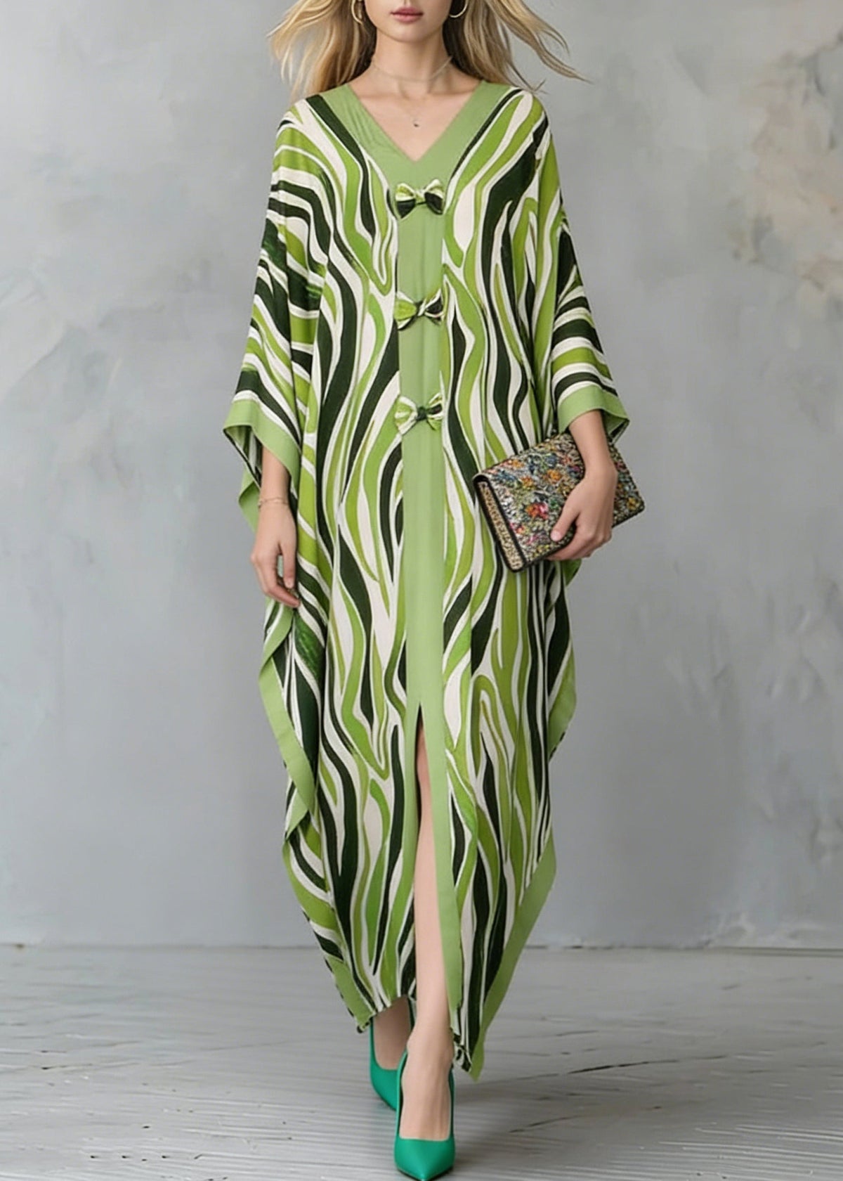 Deep V-Neck Front Bow Knot Zebra Print Wide Sleeve Kaftan Maxi Dress 3