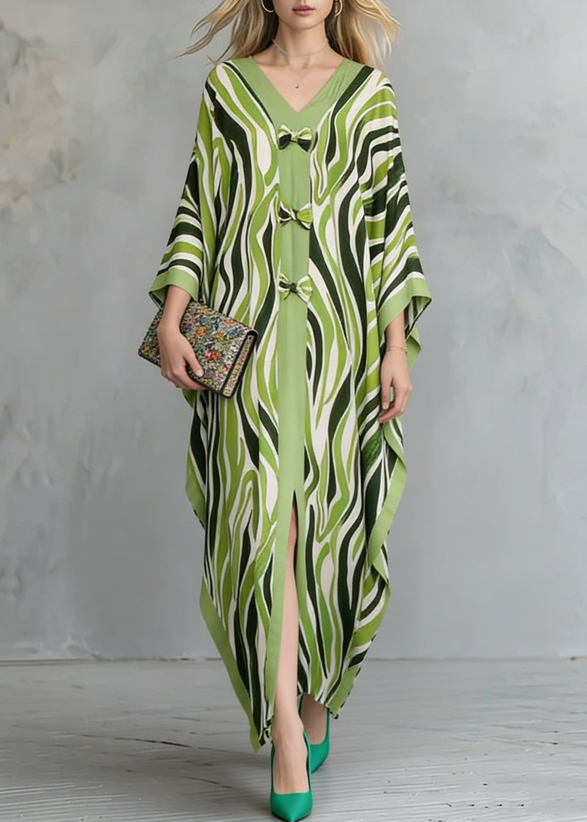 Deep V-Neck Front Bow Knot Zebra Print Wide Sleeve Kaftan Maxi Dress 5