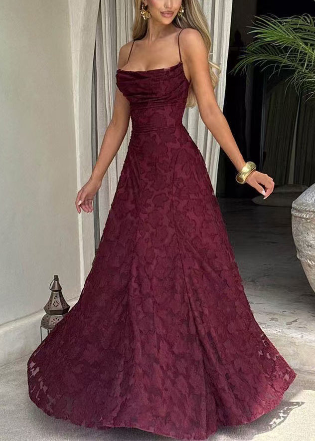Square Neck Ruched Bust Floral Texture Pleated A Line Maxi Gown 3