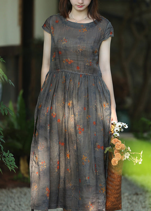 Round Neck Lace Up Pocket Print Linen Midi Dress 2