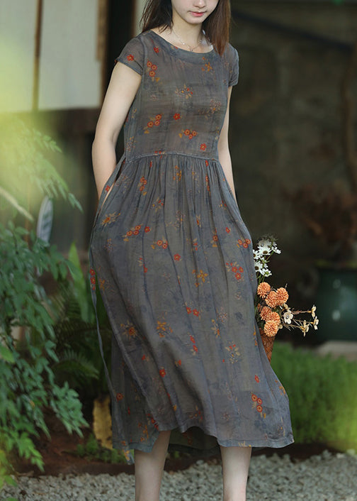 Round Neck Lace Up Pocket Print Linen Midi Dress 3