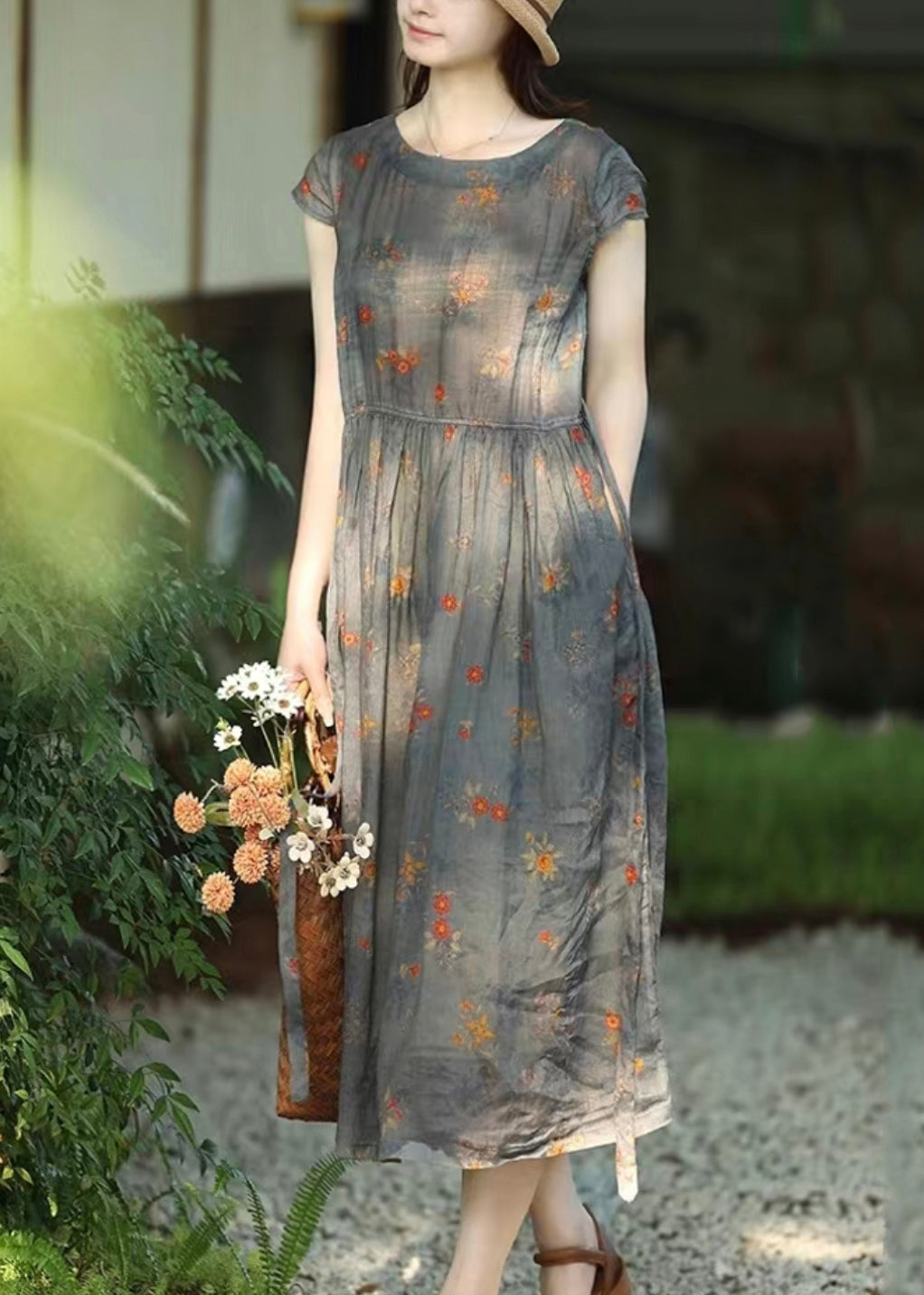 Round Neck Lace Up Pocket Print Linen Midi Dress 4