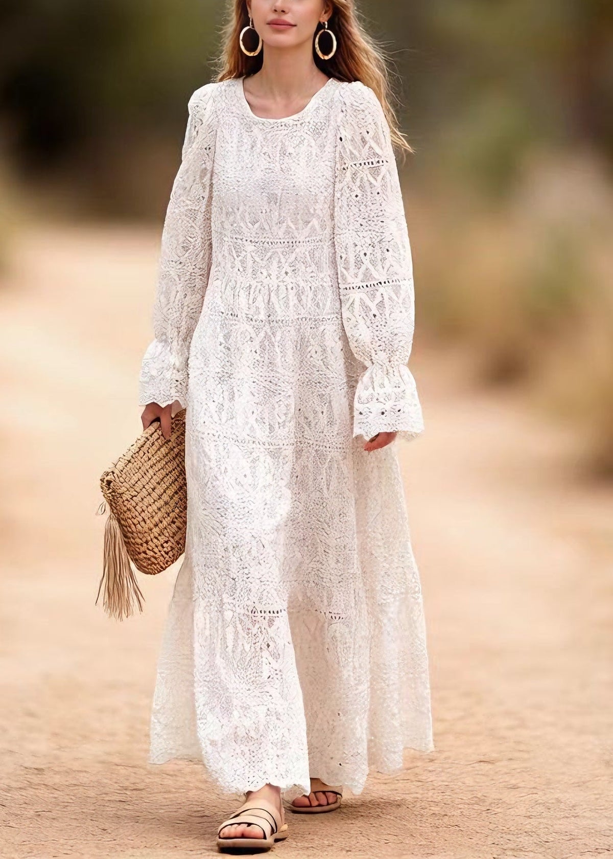 Round Neck Flounce Cuff Mixed Lace Panel Tiered Maxi Dress