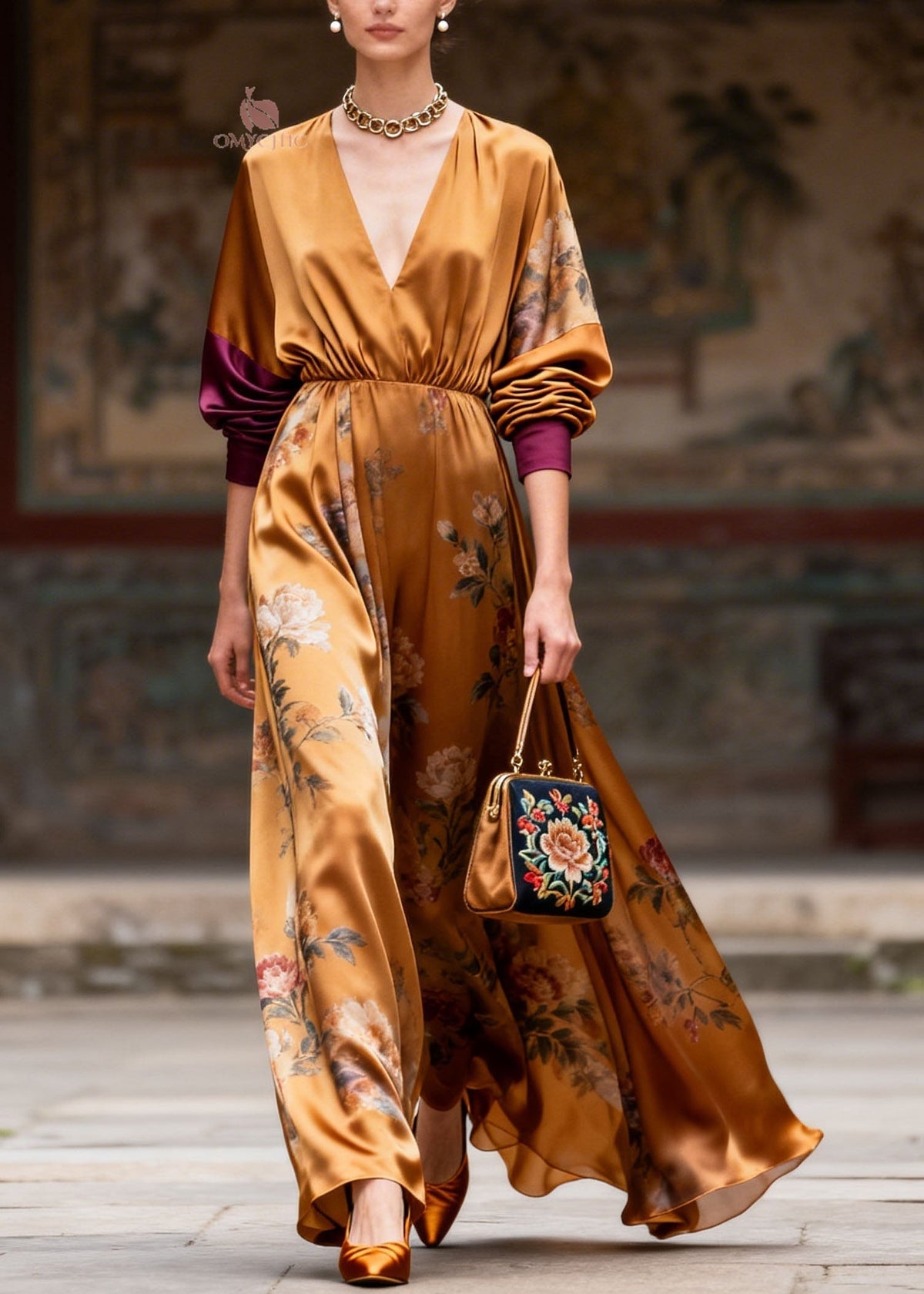 Deep V-Neck Print Patchwork Long Sleeve Maxi Dress 3