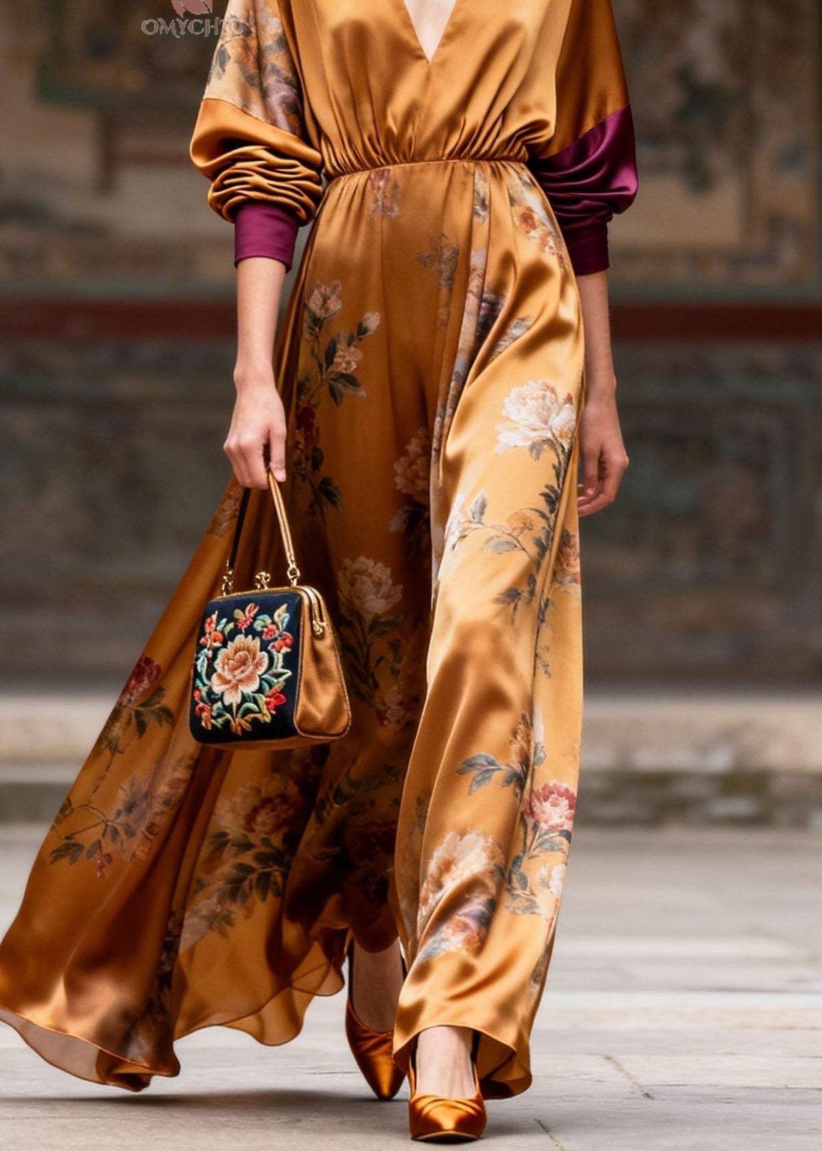 Deep V-Neck Print Patchwork Long Sleeve Maxi Dress 4
