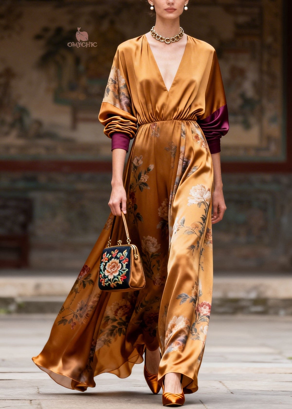Deep V-Neck Print Patchwork Long Sleeve Maxi Dress 5
