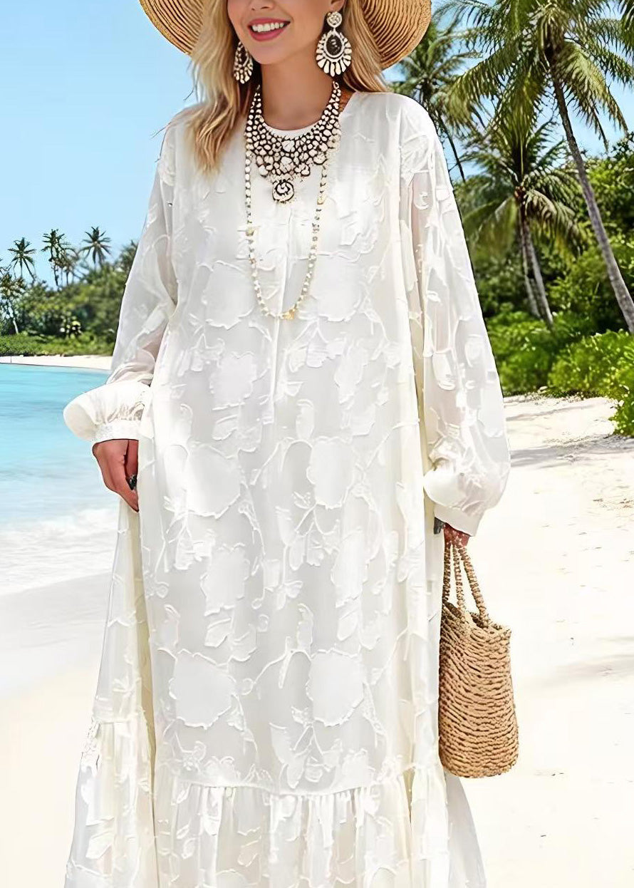 Round Neck Embossed Floral Jacquard Tiered Ruffle Hem Lantern Sleeve Maxi Dress 2