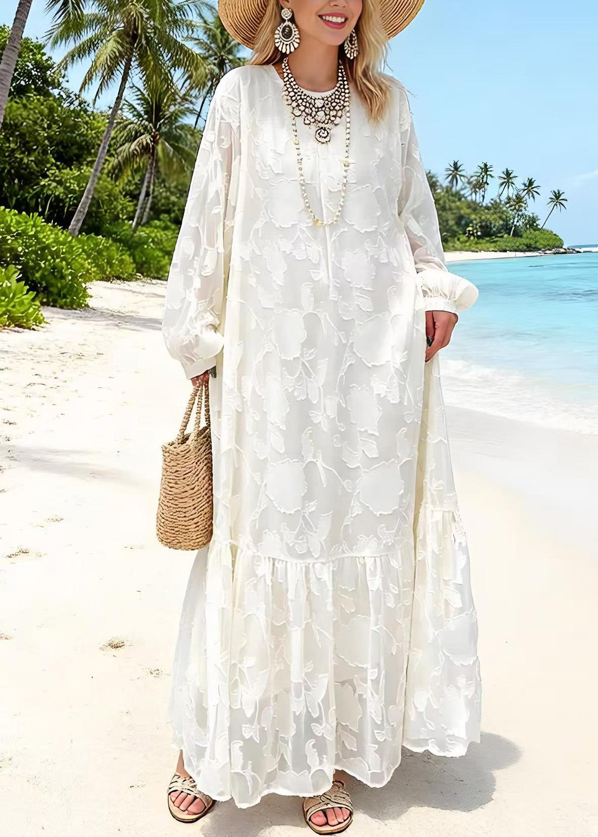 Round Neck Embossed Floral Jacquard Tiered Ruffle Hem Lantern Sleeve Maxi Dress 3