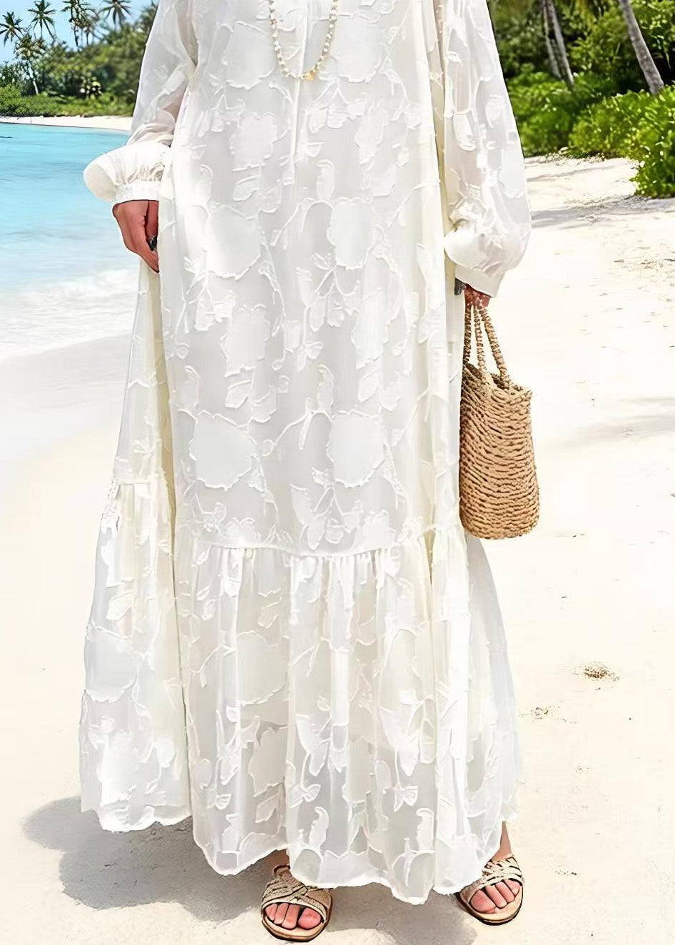 Round Neck Embossed Floral Jacquard Tiered Ruffle Hem Lantern Sleeve Maxi Dress 4