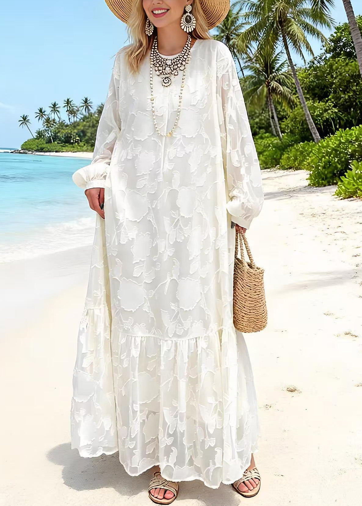Round Neck Embossed Floral Jacquard Tiered Ruffle Hem Lantern Sleeve Maxi Dress 5