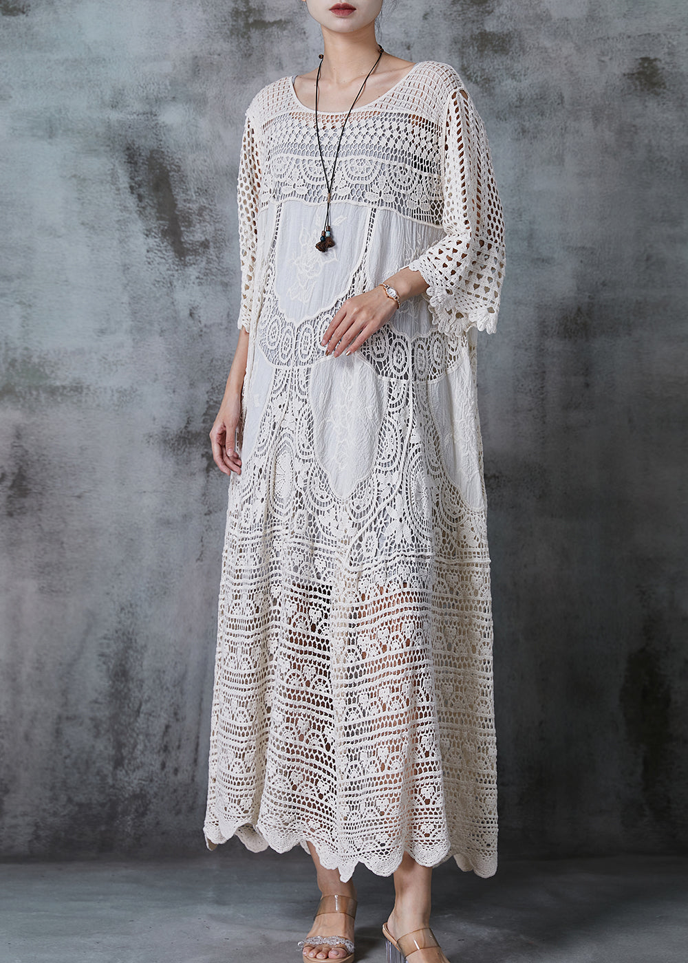 Scoop Neck Three Quarter Sleeve Crochet Lace Panel Tiered Maxi Dress 3