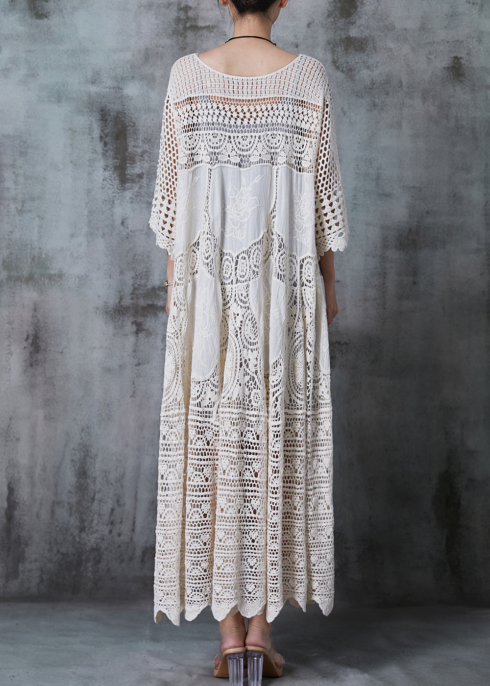 Scoop Neck Three Quarter Sleeve Crochet Lace Panel Tiered Maxi Dress 4