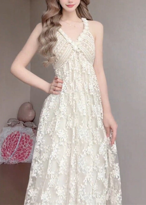 Deep V Halter Crochet Bodice Floral Lace Overlay A Line Maxi Gown 4
