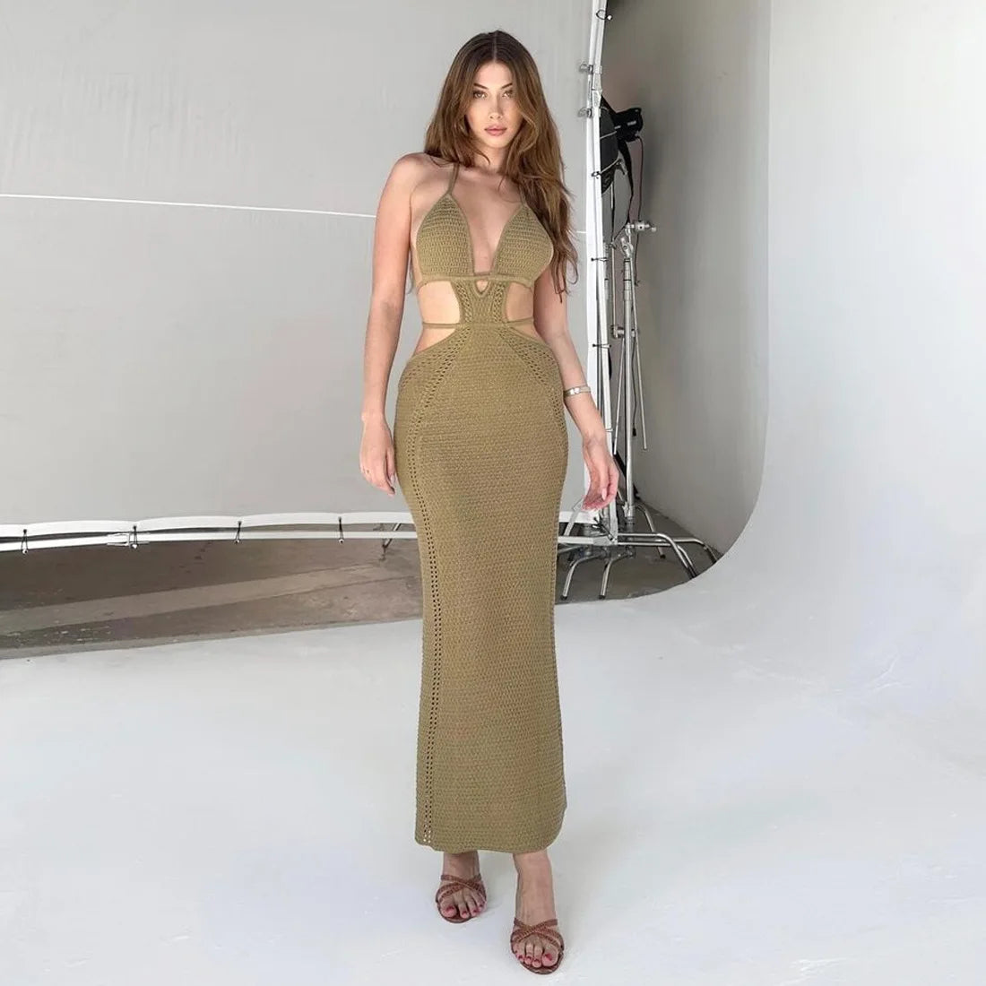 Crochet Knit Halter Neck Waist Cut Out Wrap Strap Bodycon Maxi Dress 5