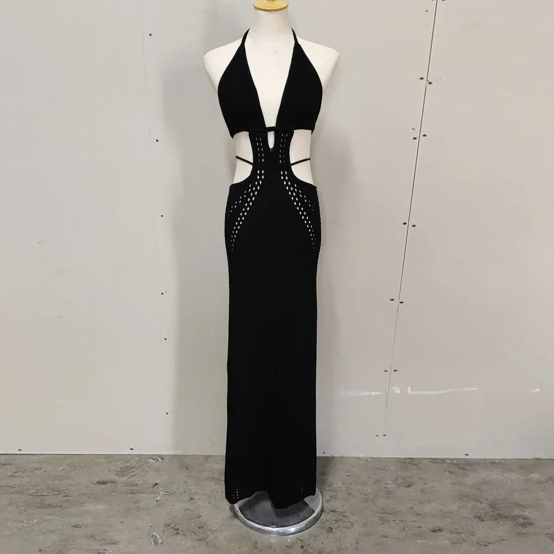 Crochet Knit Halter Neck Waist Cut Out Wrap Strap Bodycon Maxi Dress 8