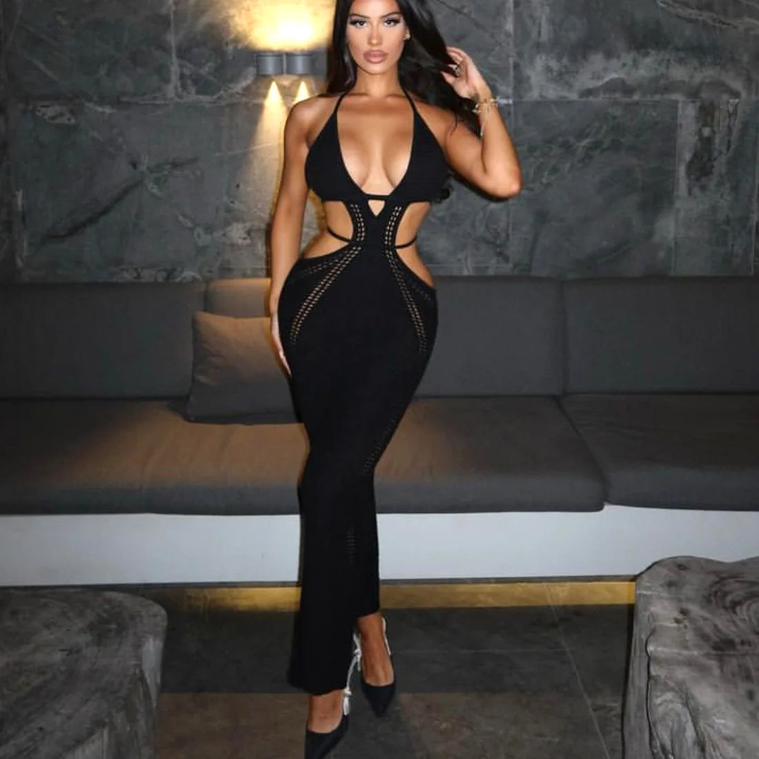 Crochet Knit Halter Neck Waist Cut Out Wrap Strap Bodycon Maxi Dress 2