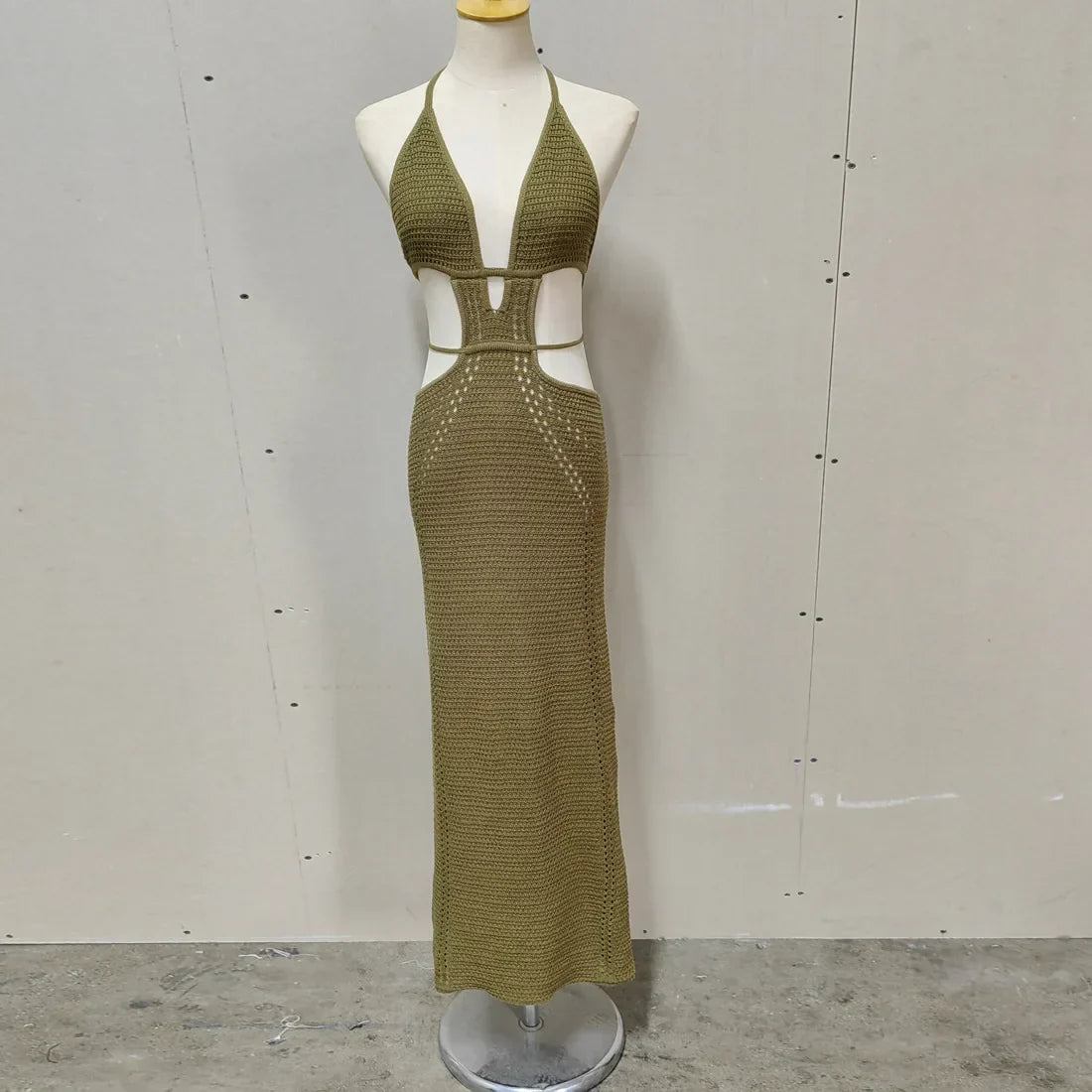Crochet Knit Halter Neck Waist Cut Out Wrap Strap Bodycon Maxi Dress 10
