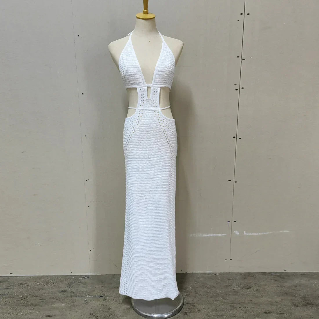 Crochet Knit Halter Neck Waist Cut Out Wrap Strap Bodycon Maxi Dress 7