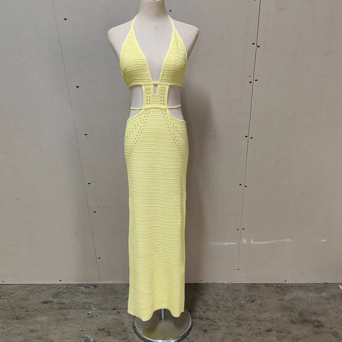 Crochet Knit Halter Neck Waist Cut Out Wrap Strap Bodycon Maxi Dress 9