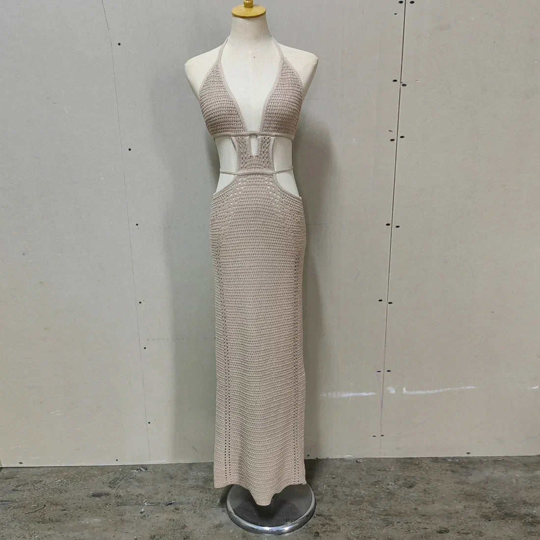 Crochet Knit Halter Neck Waist Cut Out Wrap Strap Bodycon Maxi Dress 11