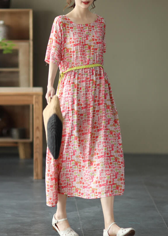 Round Neck Drawstring Waist Watercolor Polka Dot Midi Dress 3