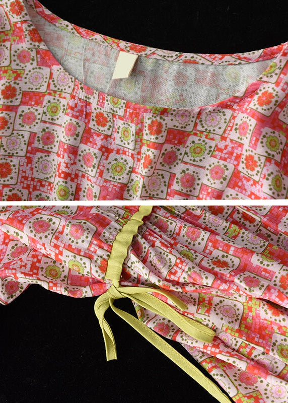 Round Neck Drawstring Waist Watercolor Polka Dot Midi Dress 7