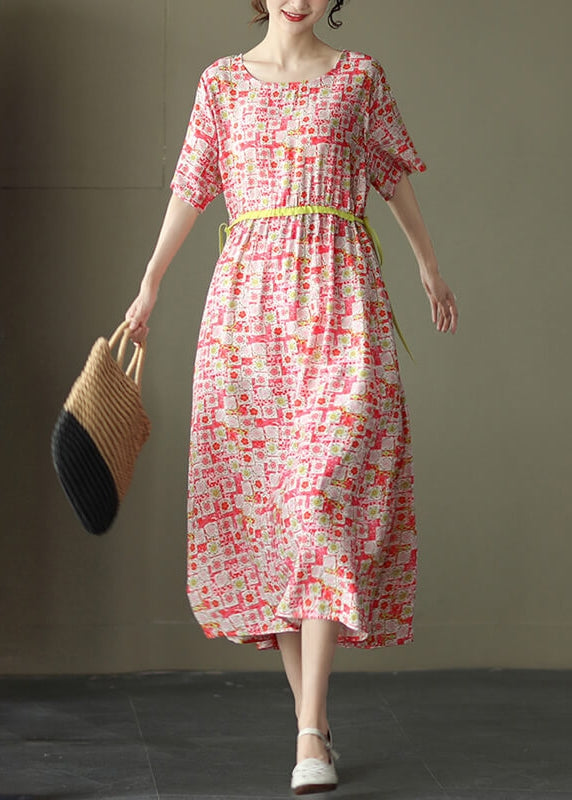Round Neck Drawstring Waist Watercolor Polka Dot Midi Dress 2