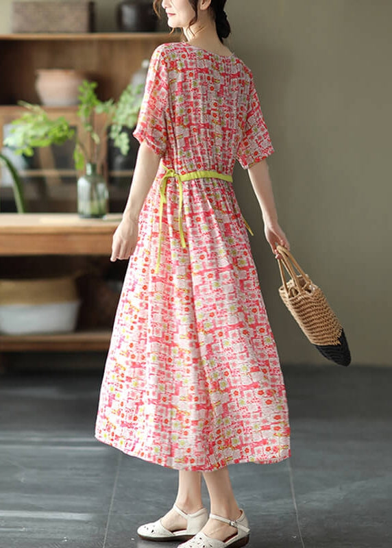 Round Neck Drawstring Waist Watercolor Polka Dot Midi Dress 4