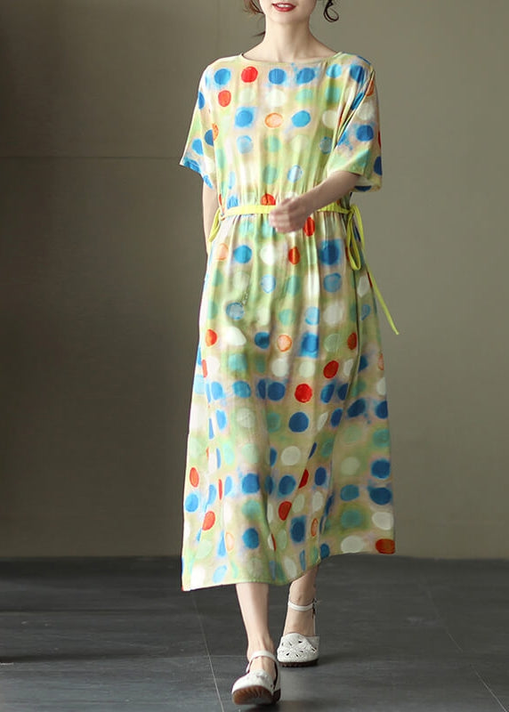 Round Neck Drawstring Waist Watercolor Polka Dot Midi Dress