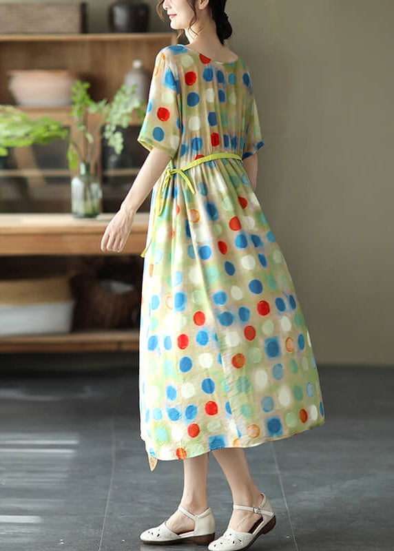Round Neck Drawstring Waist Watercolor Polka Dot Midi Dress 5