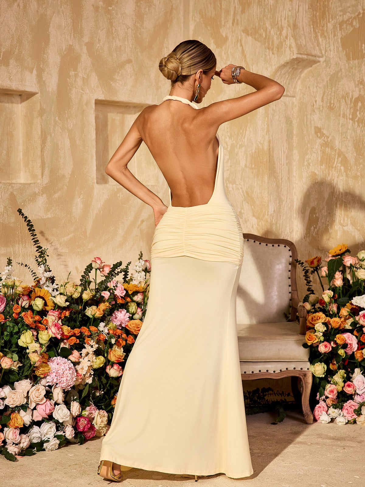 Deep V Ruched Split Column Maxi Gown 6