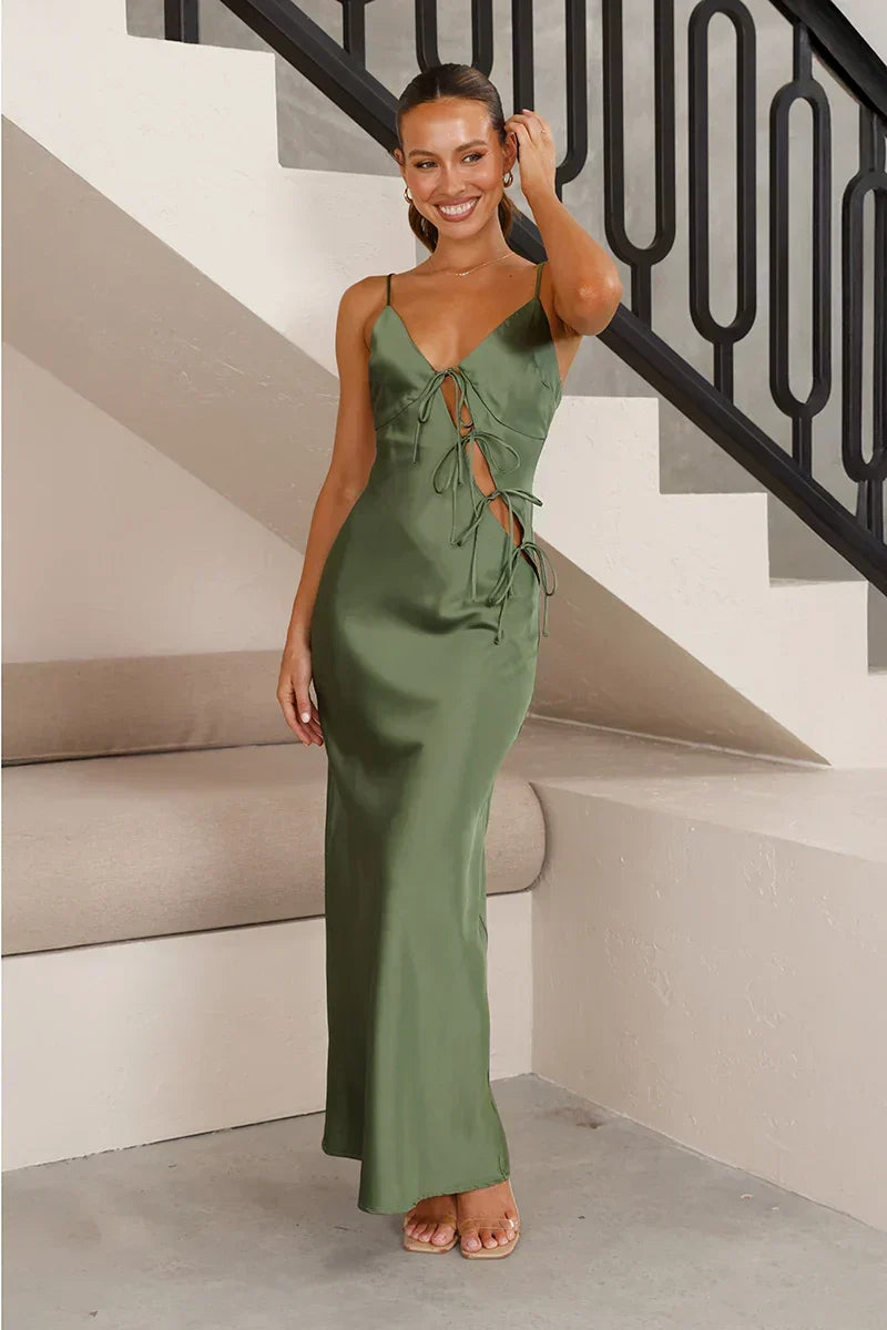 Deep V-Neck Spaghetti Strap Satin Tie Side Cutout Bodycon Maxi Dress 4