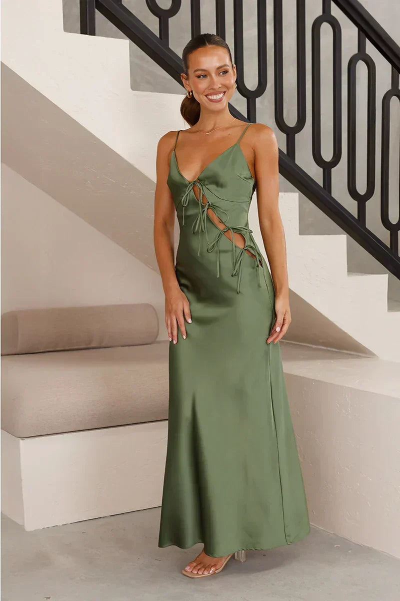 Deep V-Neck Spaghetti Strap Satin Tie Side Cutout Bodycon Maxi Dress 6