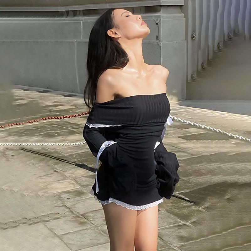 Corduroy Off-Shoulder Ribbon Tie Lace Trim Bell Sleeve Mini Dress