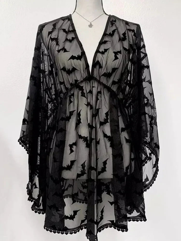 Bat Print Sheer Chiffon Wing Detail V-Neck Loose Mini Dress 4
