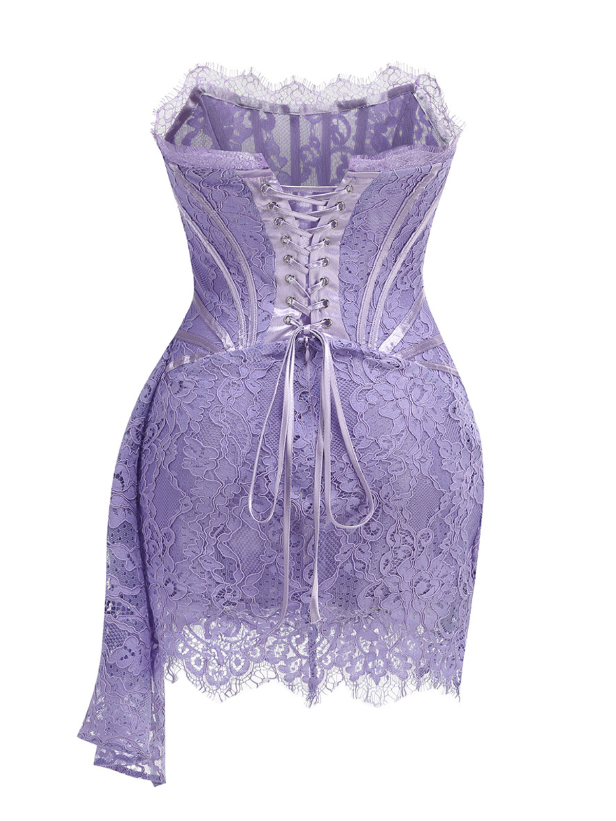 Strapless Floral Lace Corset Eyelash Trim Side Sash Mini Dress 2