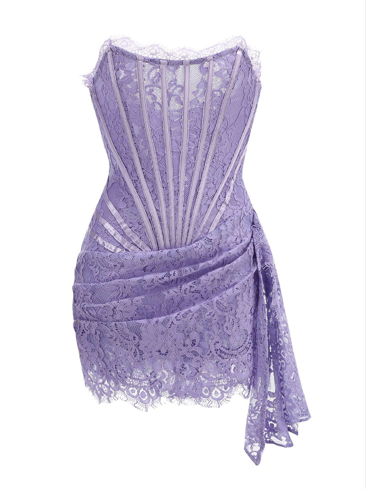 Strapless Floral Lace Corset Eyelash Trim Side Sash Mini Dress