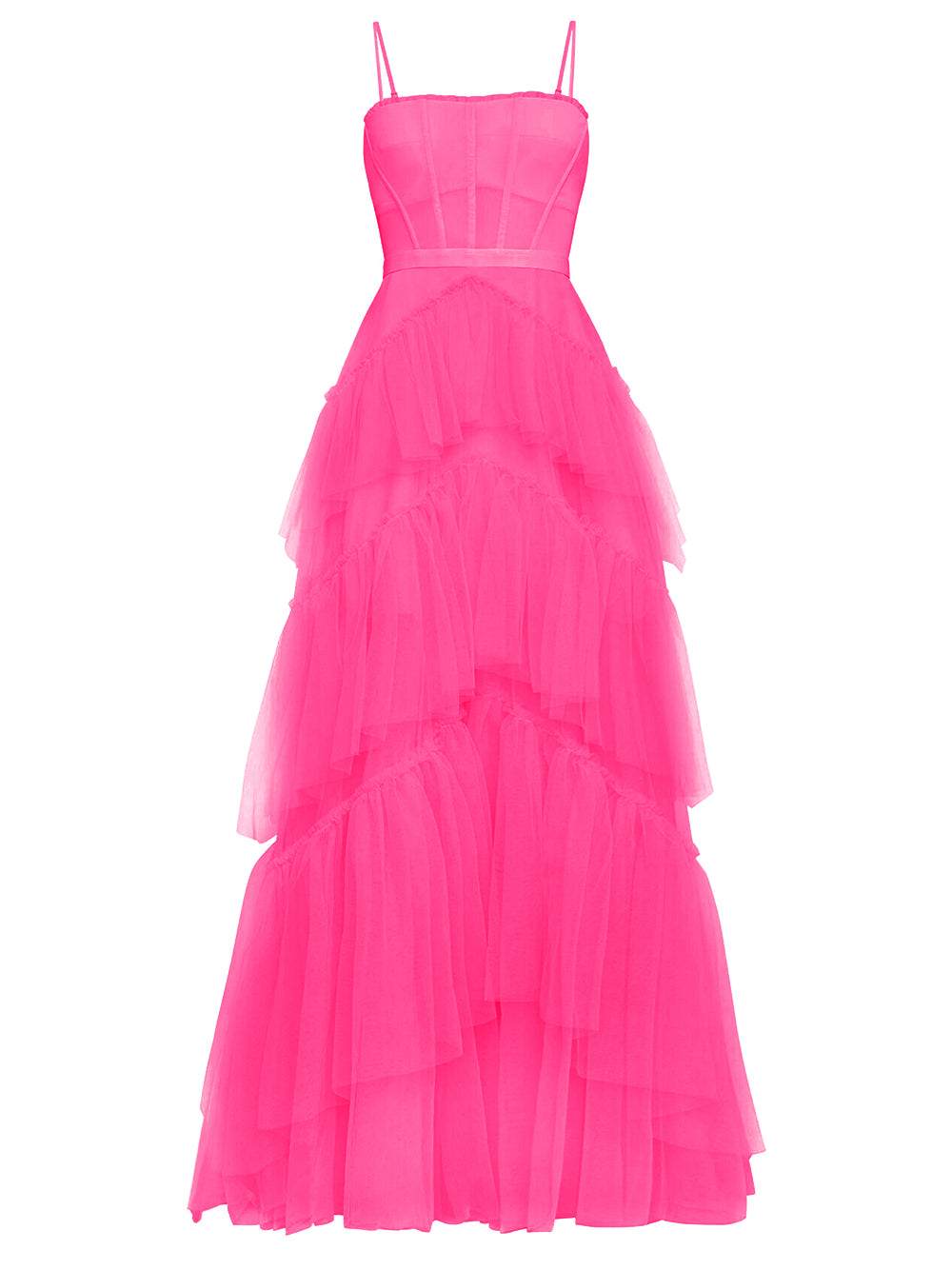 Spaghetti Strap Corset Bodice Chevron Tiered Tulle Maxi Dress